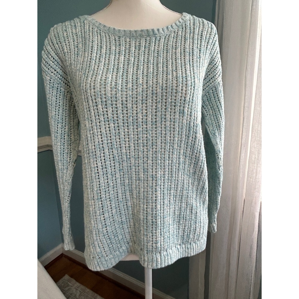 Talbots Womens Aqua Blue White Marled Open Knit Cotton Sweater‎ Medium Side Slit